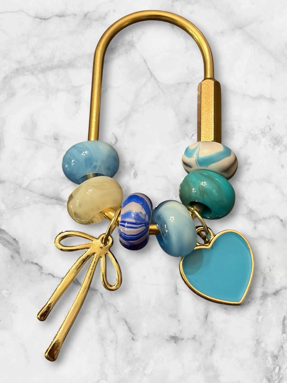 Gold-Tone Blue & Cream Glass Bead Bracelet with Turquoise Heart Charm